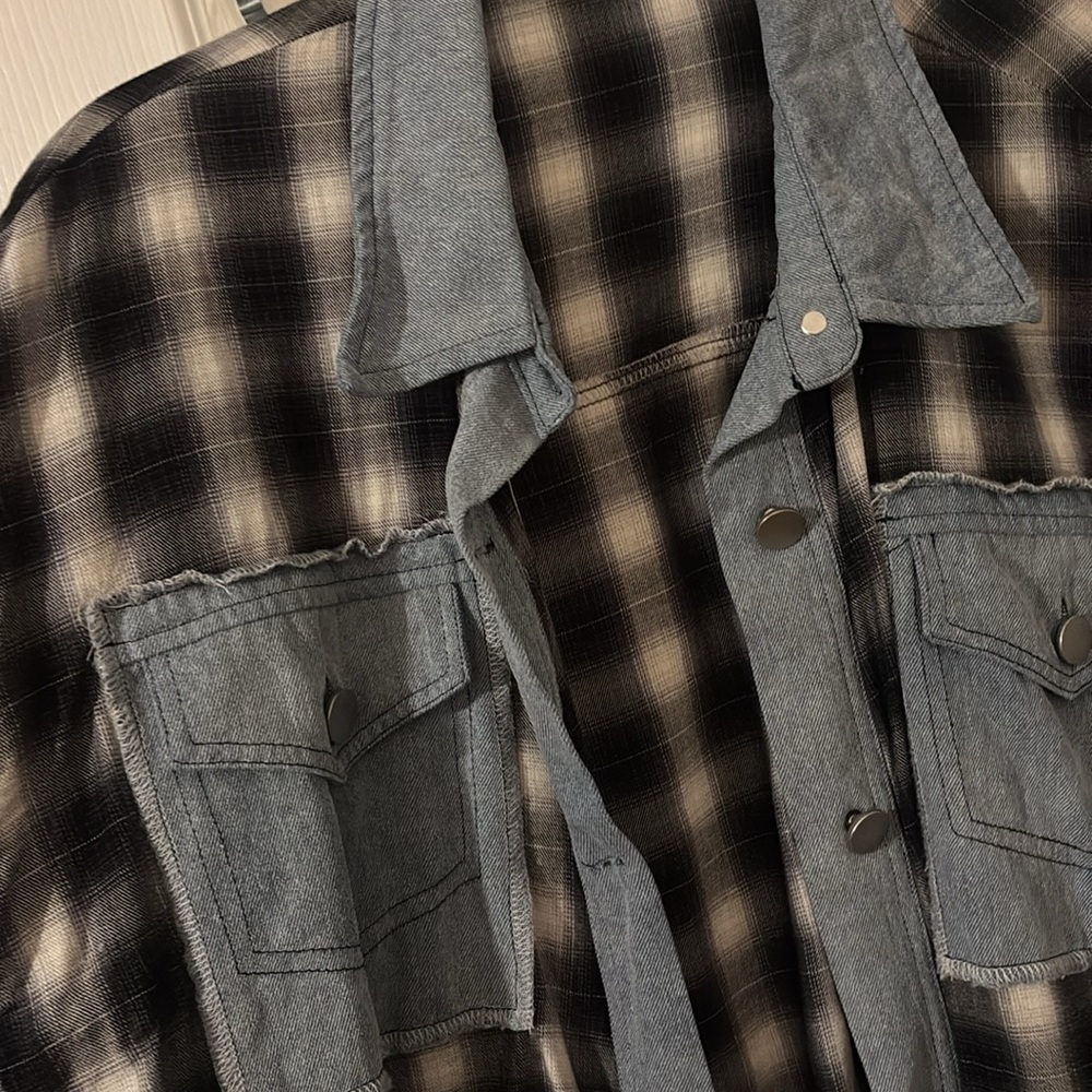 Plaid and Denim Button-Up Shirt image 2
